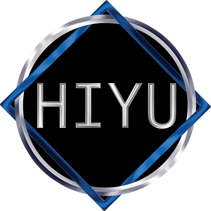 The Hiyu badge: a black disc in a chrome ring with a cobalt diamond through it.